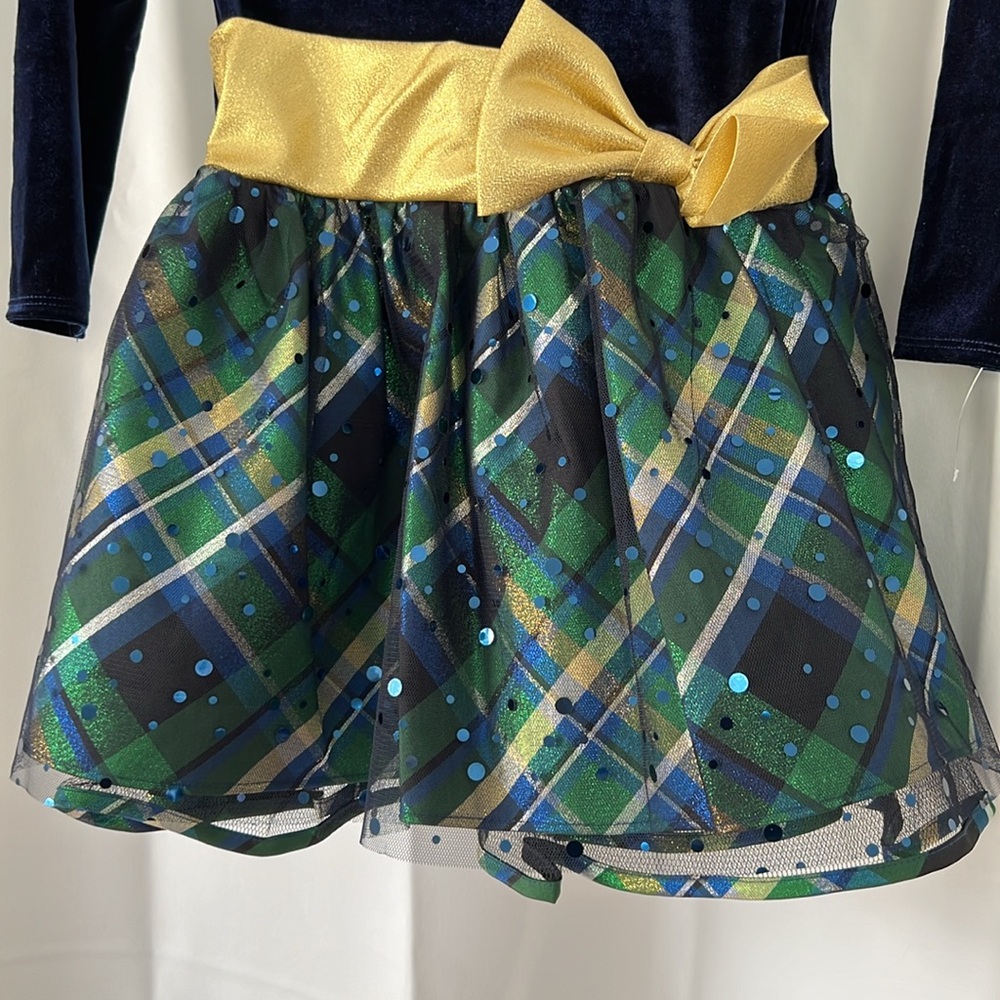 NWT Bonnie Jean sz 8 fancy dress. Navy blue long sleeve gold bow with tulle. - Picture 2 of 9